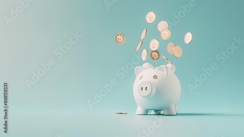 Piggy bank with coins falling into it on a blue background. Concept of savings, investment, finance, and wealth.