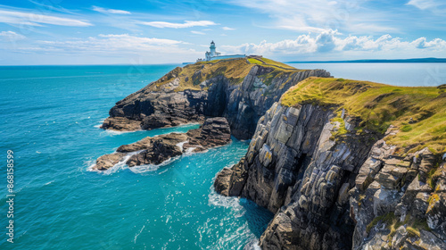 Panoramic view of Start Point Lighthouse perched on rugged cliffs above the vast ocean at Kingsbridge in England. photo