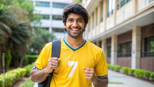 Young man in a yellow sports jersey smiling outdoors with a backpack on a college campus