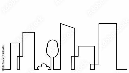 Silhouette of town, city, cityscape, group of modern buildings with shrub and tree, one stroke drawing, vector banner