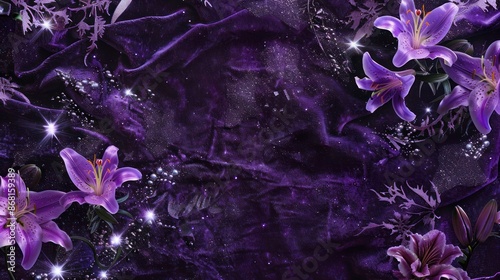A texture of crushed midnight purple velvet with neon lily flowers and silver dust sprinkled across, with little stars shining brightly, creating a tactile and visually appealing surface.