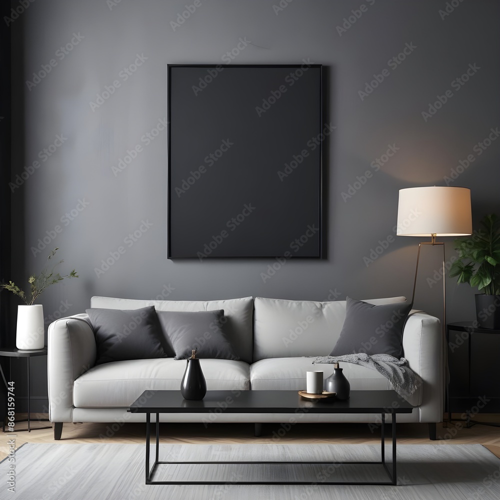 Fototapeta premium A cozy living room with a beige sofa, potted plants, and blank canvases on the wall. 3D render