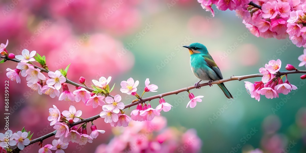 Teal bird perched on delicate cherry blossoms in a peaceful spring setting , harmony, nature, teal, bird, cherry blossoms, spring Teal bird perched on delicate cherry blossoms in a peaceful spring setting , harmony, nature, teal, bird, cherry blossoms, spring