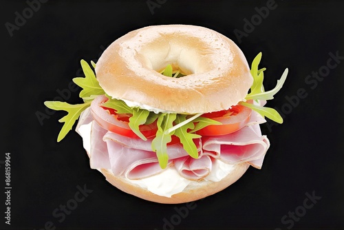 The perfectly toasted bagel is generously layered with cre amy cream cheese, succulent ham, juicy tomato slices, and fresh green arugula photo