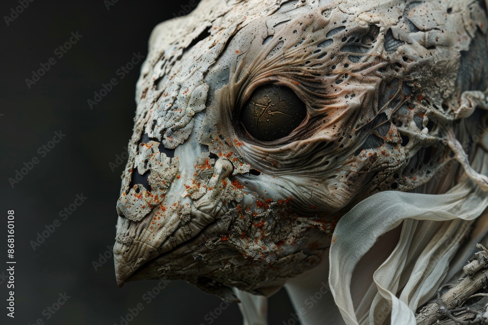 Close-up of an ancient bird-like creature with decayed and weathered features Close-up of an ancient bird-like creature with decayed and weathered features