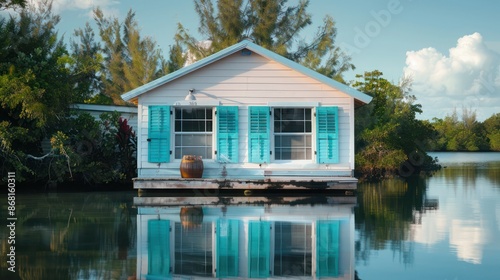 riverside cottage with powder blue Bahama shutters, reflecting the calm waters © Ramzan