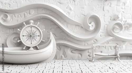 A white jigsaw puzzle and a classic nautical compass positioned on a white and gray gradient background with flowing abstract wave designs, including an empty boat-shaped stand.