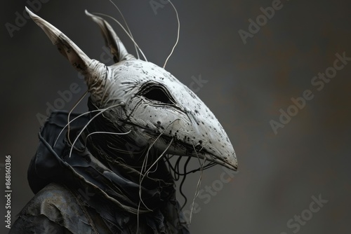 Close-up of an alien creature with a beak-like mask and elaborate headgear