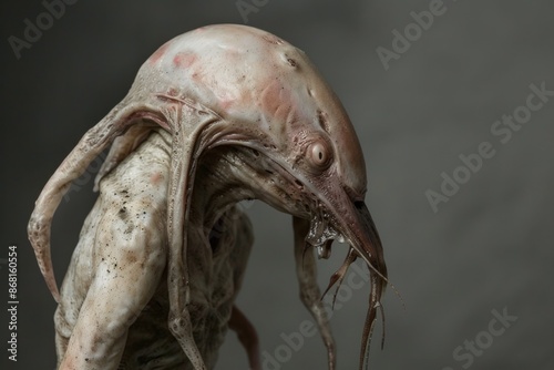 Alien-like creature with pinkish skin and tentacle-like appendages in a dark setting