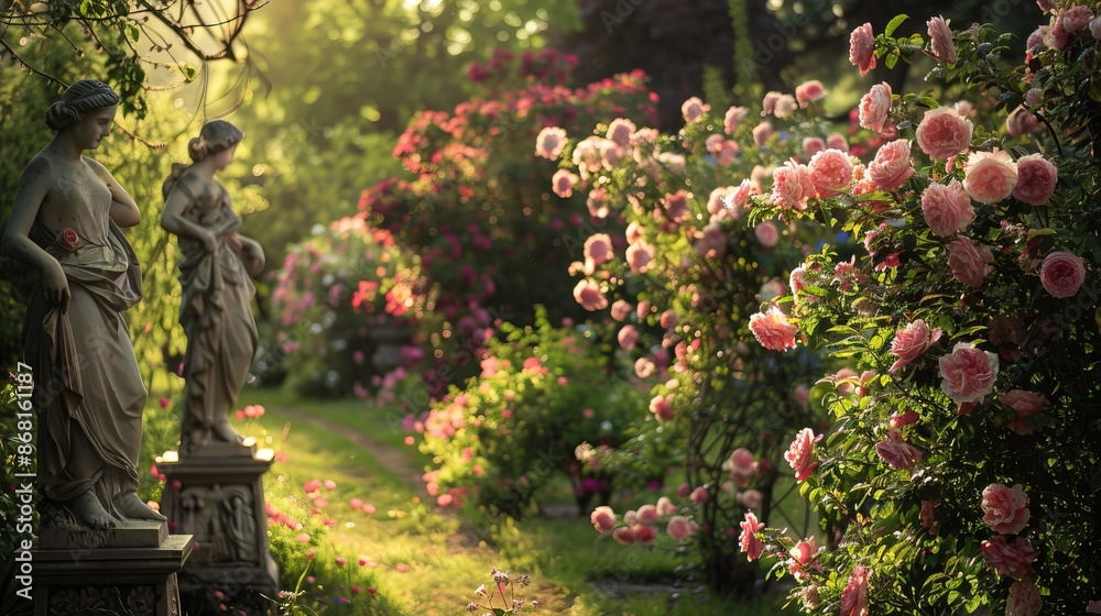 Fototapeta premium A beautiful spring landscape with pink flowers blooming in a garden and red roses in a park
