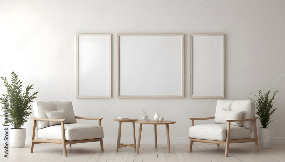 Fototapeta premium Frame mockup, ISO A paper size. Bedroom poster mockup. Modern interior design. Living room Interior mockup with house background. 3D render