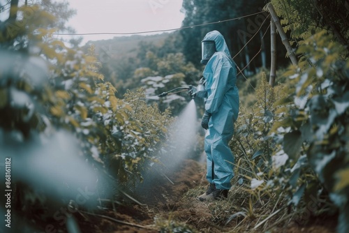 an asian chinese female farmer with protective suit spraying on bitter groud plants in the farm for disinfection photo