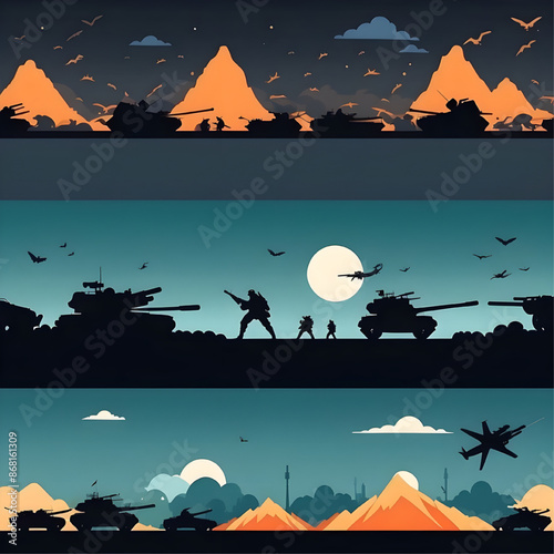 Echoes of War: A poignant triptych depicting the silhouettes of tanks and soldiers against dramatic desert landscapes, evoking the somber reality of conflict. 