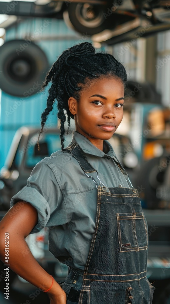 A woman in a garage, wearing a blue denim apron A woman in a garage, wearing a blue denim apron