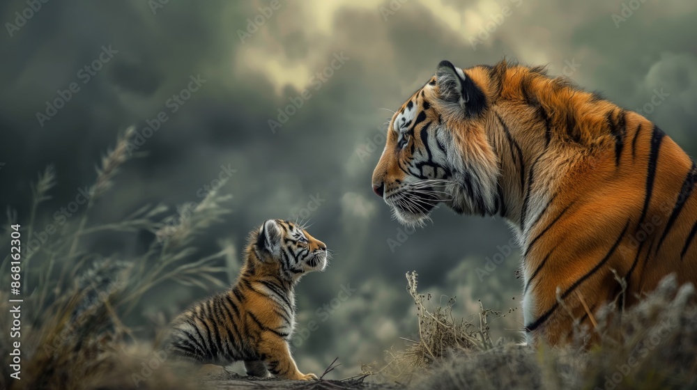 Obraz premium A majestic tiger and its cub face each other in a misty, wild landscape, creating a poignant mother-child moment in nature.