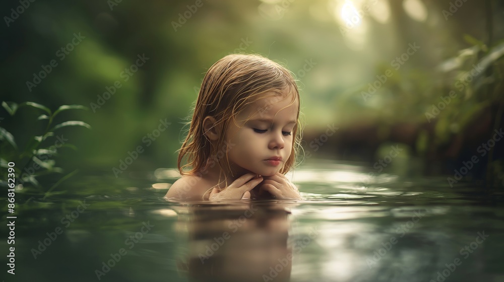 A serene moment of a young girl in a calm forest stream, reflecting peace and innocence in natural surroundings. A serene moment of a young girl in a calm forest stream, reflecting peace and innocence in natural surroundings.