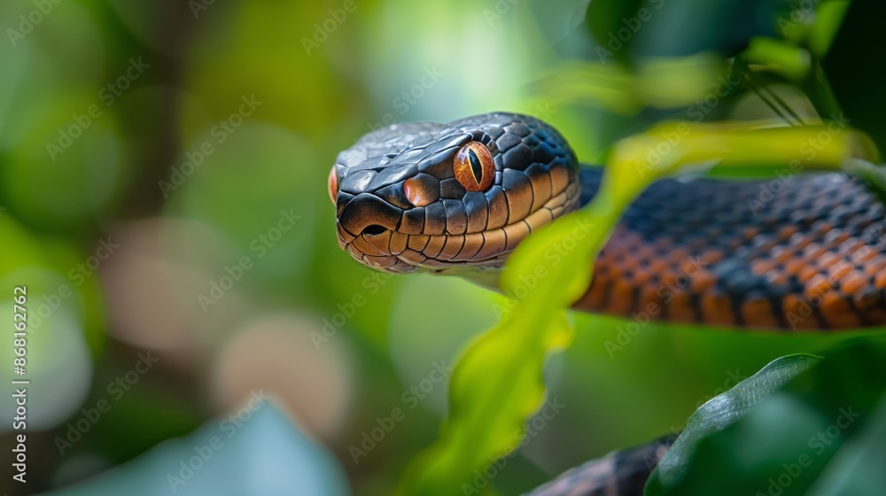 Obraz premium Close-up of a colorful snake amidst lush green foliage, showcasing its intricate scale patterns and vivid eye detail in a natural habitat.