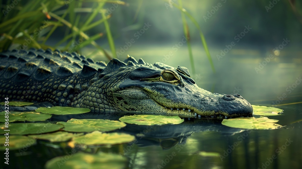 Close-up of a crocodile in a serene water habitat, surrounded by greenery and lily pads, showcasing the natural beauty and wildlife. Close-up of a crocodile in a serene water habitat, surrounded by greenery and lily pads, showcasing the natural beauty and wildlife.