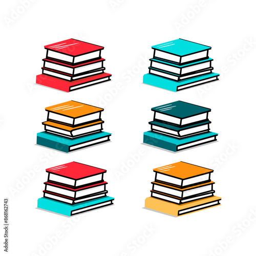 create a sheet of vector icons of stack of textbooks, black outline, pop of color