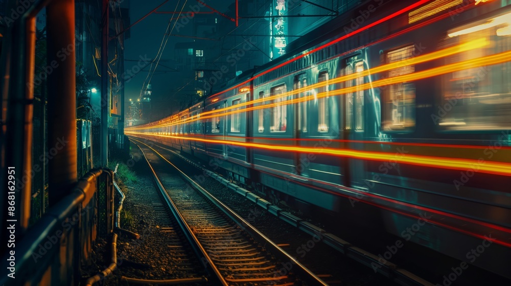 Dynamic night shot of a moving urban train with vibrant light trails, creating a sense of speed and motion, against a city backdrop. Dynamic night shot of a moving urban train with vibrant light trails, creating a sense of speed and motion, against a city backdrop.