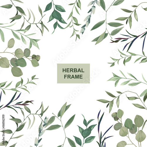 Floral frame with palm herbal branches and grass. Wedding invitation, save the date, rsvp, invite card. Vector illustration. Celebration template