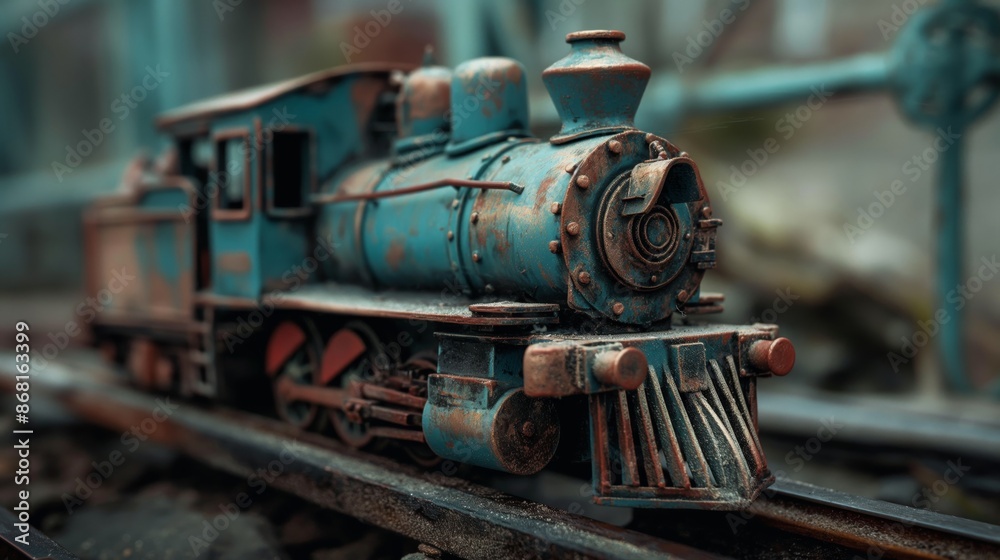 Naklejka premium Vintage miniature steam locomotive with aged patina on rustic railway tracks, offering a nostalgic charm and historical detail.