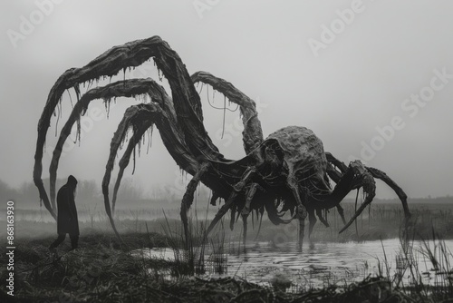 Gigantic Spider-like Creature with Long Legs and Web in a Swamp photo