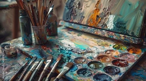 Colorful Artist's Studio with Paint Brushes and Vibrant Palette. Creative Workspace Showcasing Artistic Tools and Paintings. Inspiring Environment for Art Creation and Expression. © huiying