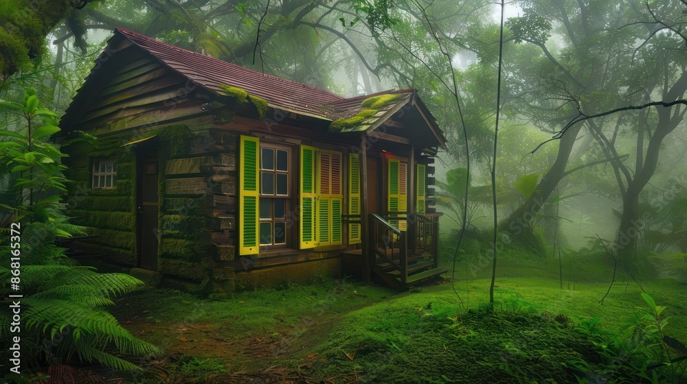 secluded cabin with moss green Bahama shutters, hidden deep in a foggy forest secluded cabin with moss green Bahama shutters, hidden deep in a foggy forest