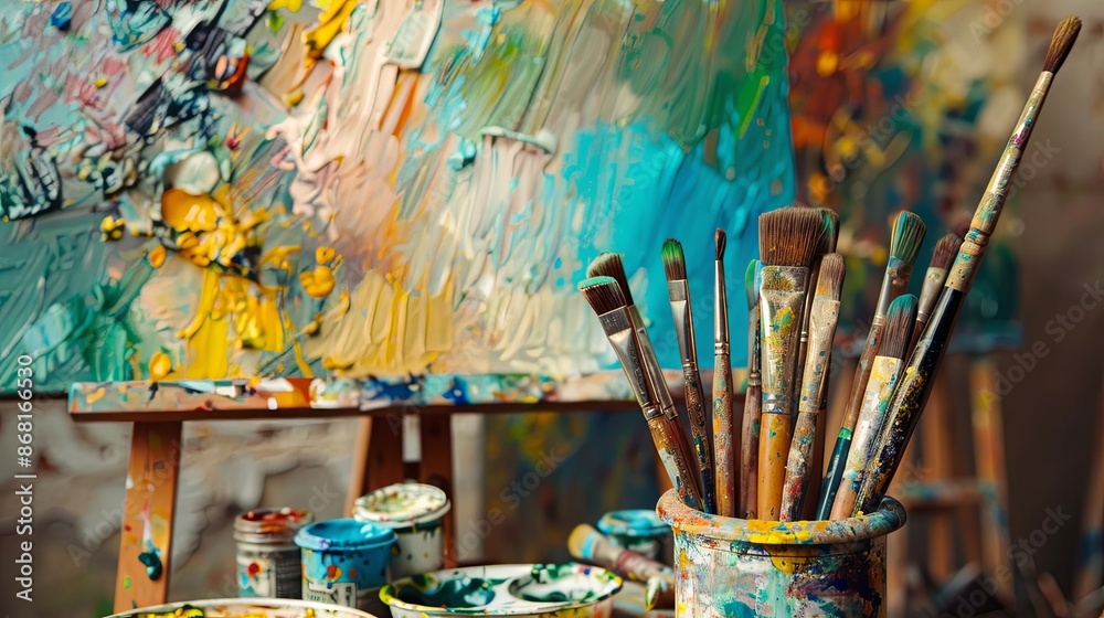 Fototapeta premium Colorful Artist's Studio with Paint Brushes and Vibrant Palette. Creative Workspace Showcasing Artistic Tools and Paintings. Inspiring Environment for Art Creation and Expression.