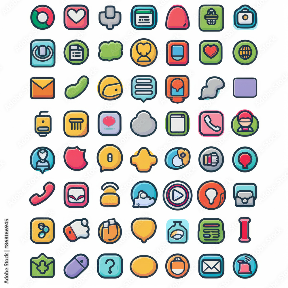 A set of 68 contact icons featuring symbols for chat, support, messaging, phone, email, address, customer service, call, website, and more. These Contact Us web icons are present.