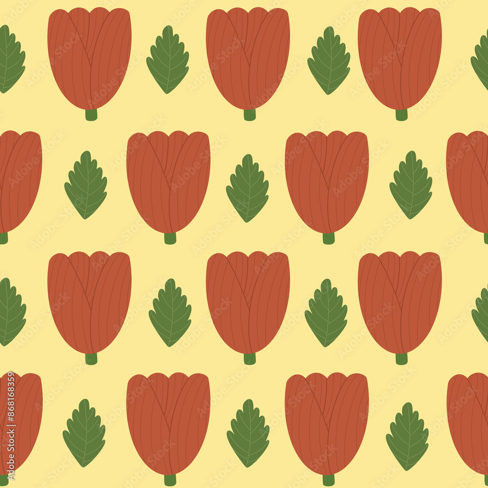 Fototapeta premium Geometric red tulips and leaves contrast seamless pattern. Hand drawn simple flower heads isolated on yellow background. Floral endless background