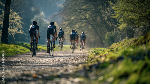 A group of athletes ride bicycles on a rough dirt path. view from behind