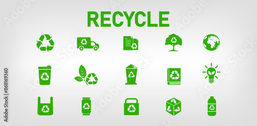 Abstract icon representing ecological call for recycling and reuse with green icons.