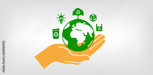 Abstract icon representing ecological call for recycling and reuse with hand holding green globe. Vector illustration.