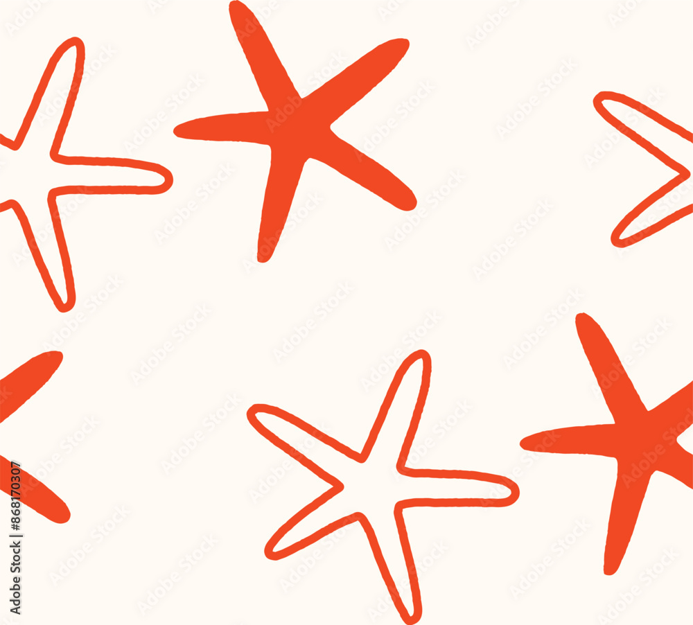 Obraz premium Seamless vector pattern featuring hand-drawn starfish. Perfect for kitchen covers, fabrics, wallpapers, wrapping papers, and textiles. This marine design adds a playful touch.