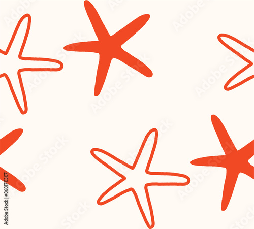 Seamless vector pattern featuring hand-drawn starfish. Perfect for kitchen covers, fabrics, wallpapers, wrapping papers, and textiles. This marine design adds a playful touch.