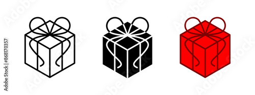 Gift box icon. Birthday present vector illustration. Ribbon wrapped holiday package. Christmas surprise symbol. Anniversary present sign.