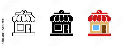 Store icon. Shop vector illustration. Grocery market symbol. Commercial building sign. Grocery or bakery market. Supermarket pictogram.