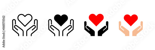 Heart in hands icon. Health care vector illustration. Love and support symbol. Family relations icon. Medicine, charity and aid pictogram. Help and maintenance service concept. Loving symbol