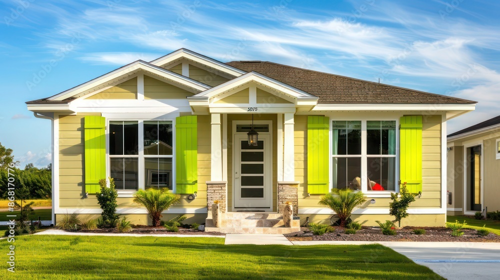 suburban home with lime green Bahama shutters, adding a pop of color to the neighborhood suburban home with lime green Bahama shutters, adding a pop of color to the neighborhood