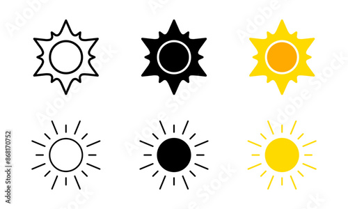 Sun icon set. Summer symbol. Sunlight vector illustration. Sunshine sign. Sunrise pictogram. Sunny weather concept. Sunbeam yellow icon.