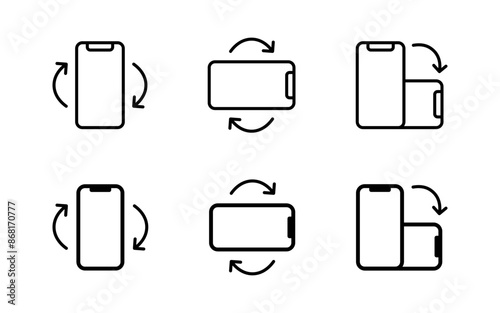 Phone rotation icon set. Phone screen rotate vector illustration. Display turn symbol. Horizontal smartphone tilt sign. Turning arrow pictogram.
