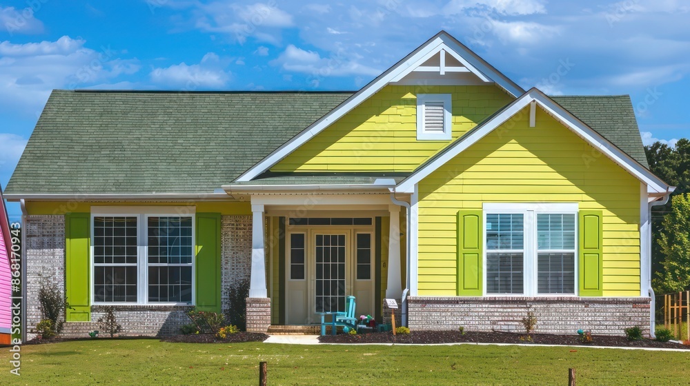suburban home with lime green Bahama shutters, adding a pop of color to the neighborhood