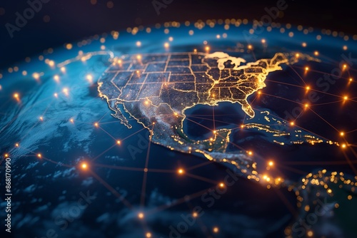 Abstract digital world map, concept of global network and connectivity on Earth, data transfer and cyber technology, information exchange and international telecommunication