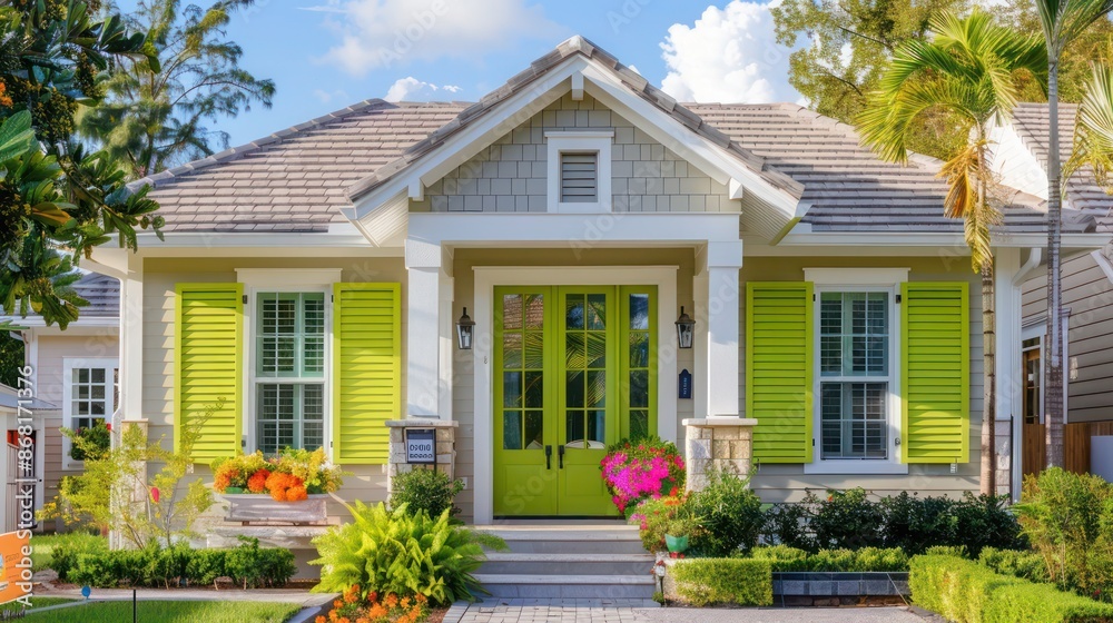 suburban home with lime green Bahama shutters, adding a touch of whimsy to the neighborhood suburban home with lime green Bahama shutters, adding a touch of whimsy to the neighborhood
