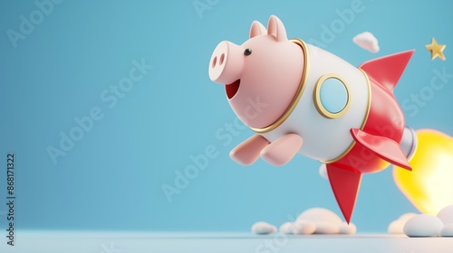Piggy bank on a flying rocket on yellow. Financial, investing, savings and wealth management solution concept.