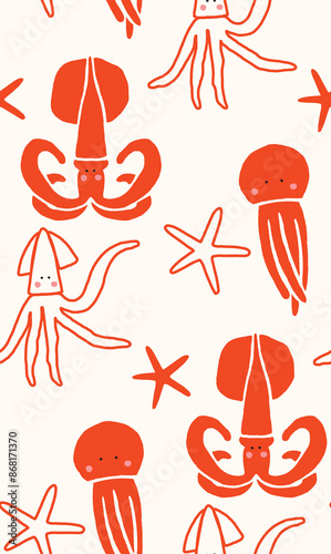 Seamless vector pattern featuring hand-drawn squid and starfish. Perfect for kitchen covers, fabrics, wallpapers, wrapping papers, and textiles. This marine design adds a fun touch to any project.