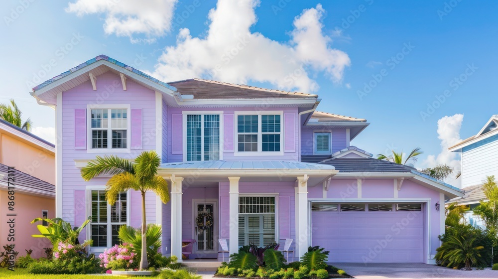 suburban house with pastel purple Bahama shutters, adding a touch of elegance to the neighborhood suburban house with pastel purple Bahama shutters, adding a touch of elegance to the neighborhood