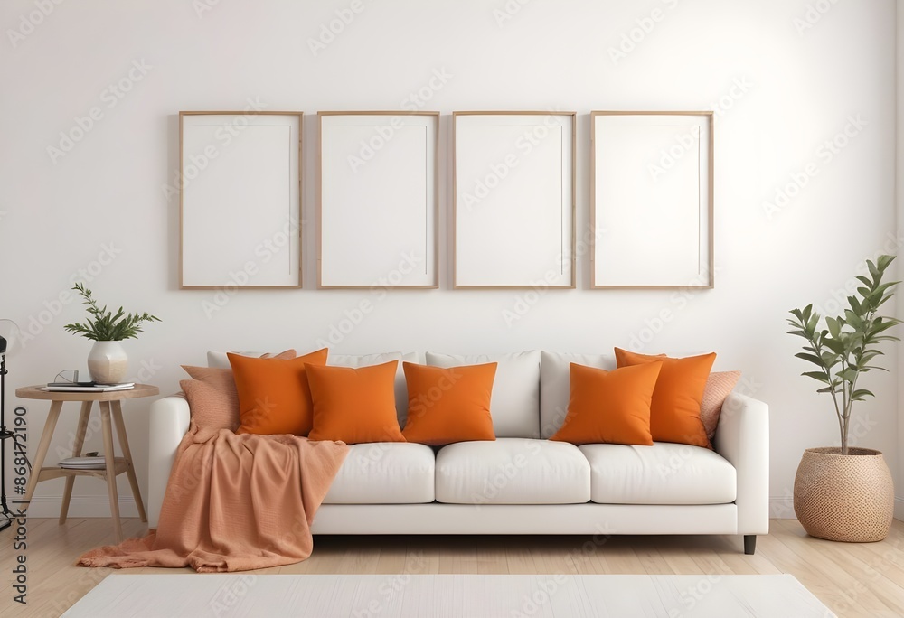 Four empty vertical picture frames in a modern living room with a white sofa, orange pillows, and plants.Generative AI Four empty vertical picture frames in a modern living room with a white sofa, orange pillows, and plants.Generative AI